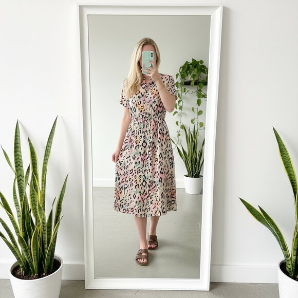 Anna Melani Dresses & Skirts - Anna Melani Italy 100% Linen Leopard Floral Button Up MIDI Dress Size Large